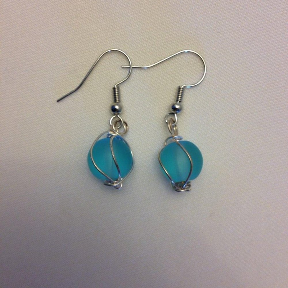 Light Blue Sea Glass Orb Earrings